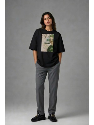 Posh Cabal F02101 Baskılı Oversize Siyah Kadın T-Shirt