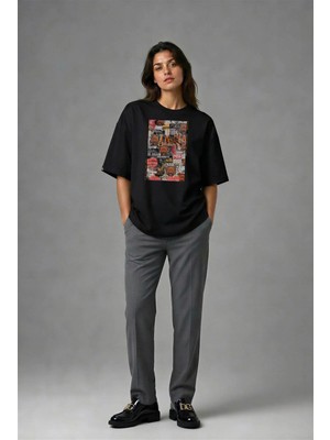 Posh Cabal F02051 Baskılı Oversize Siyah Kadın T-Shirt