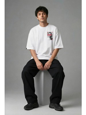 Posh Cabal G02135 Baskılı Oversize Beyaz Erkek T-Shirt