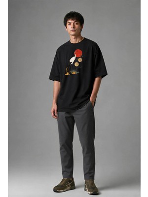 Posh Cabal F02074 Baskılı Oversize Siyah Erkek T-Shirt