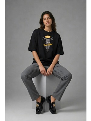 Posh Cabal F02080 Baskılı Oversize Siyah Kadın T-Shirt