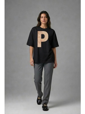 Posh Cabal F02118 Baskılı Oversize Siyah Kadın T-Shirt