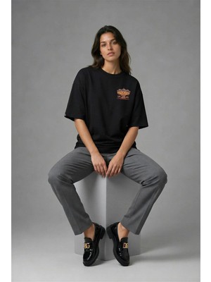 Posh Cabal G02070 Baskılı Oversize Siyah Kadın T-Shirt