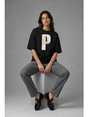 Posh Cabal F02115 Baskılı Oversize Siyah Kadın T-Shirt