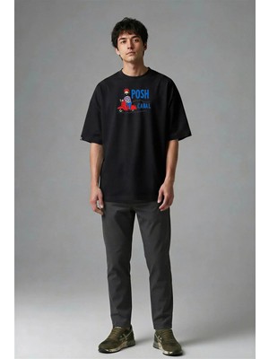 Posh Cabal F02122 Baskılı Oversize Siyah Erkek T-Shirt