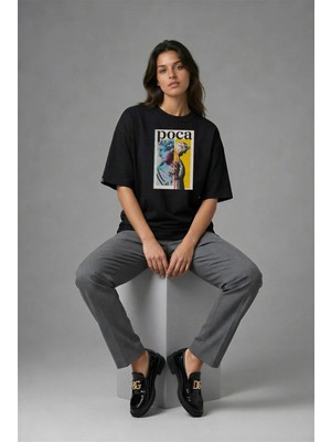 Posh Cabal F02085 Baskılı Oversize Siyah Kadın T-Shirt
