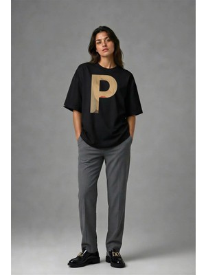 Posh Cabal F02116 Baskılı Oversize Siyah Kadın T-Shirt