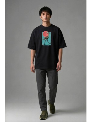 Posh Cabal F02123 Baskılı Oversize Siyah Erkek T-Shirt