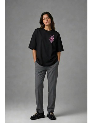Posh Cabal G02006 Baskılı Oversize Siyah Kadın T-Shirt