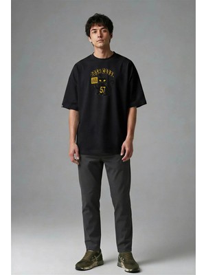 Posh Cabal F02087 Baskılı Oversize Siyah Erkek T-Shirt