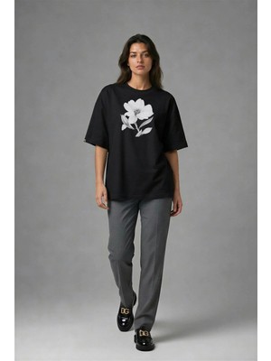 Posh Cabal F02048 Baskılı Oversize Siyah Kadın T-Shirt