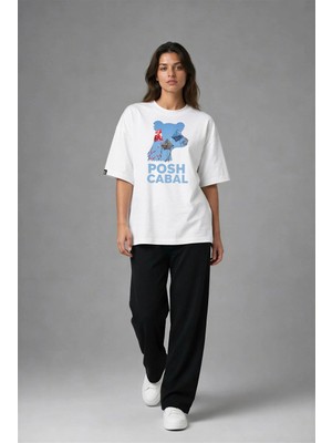 Posh Cabal F02058 Baskılı Oversize Beyaz Kadın T-Shirt