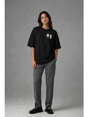 Posh Cabal G02029 Baskılı Oversize Siyah Kadın T-Shirt