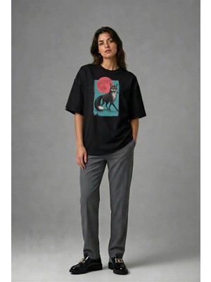 Posh Cabal F02124 Baskılı Oversize Siyah Kadın T-Shirt
