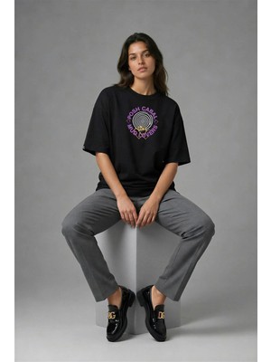 Posh Cabal F02095 Baskılı Oversize Siyah Kadın T-Shirt
