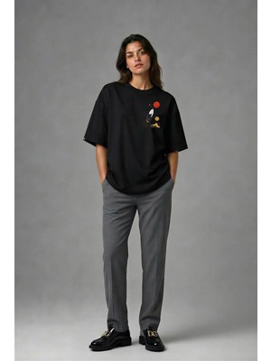 Posh Cabal G02076 Baskılı Oversize Siyah Kadın T-Shirt
