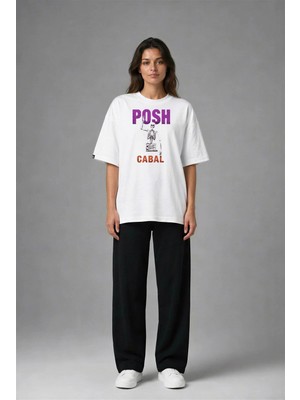 Posh Cabal F02077 Baskılı Oversize Beyaz Kadın T-Shirt