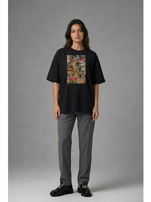 Posh Cabal F02052 Baskılı Oversize Siyah Kadın T-Shirt