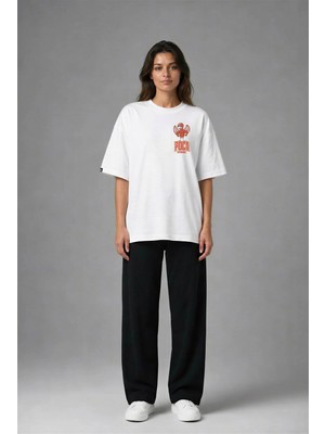 Posh Cabal G03107 Baskılı Oversize Beyaz Kadın T-Shirt