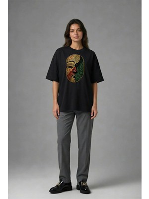 Posh Cabal F02072 Baskılı Oversize Siyah Kadın T-Shirt