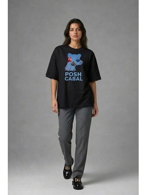Posh Cabal F02058 Baskılı Oversize Siyah Kadın T-Shirt