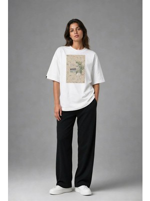 Posh Cabal F02104 Baskılı Oversize Beyaz Kadın T-Shirt