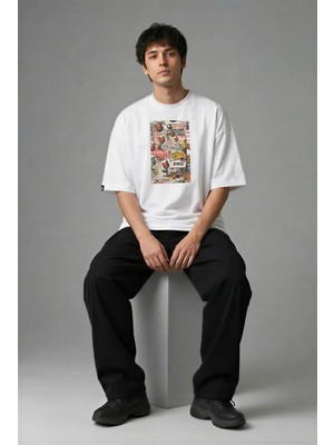 Posh Cabal F02055 Baskılı Oversize Beyaz Erkek T-Shirt
