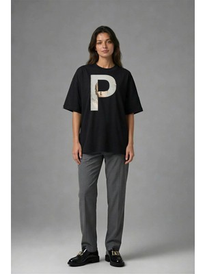 Posh Cabal F02117 Baskılı Oversize Siyah Kadın T-Shirt