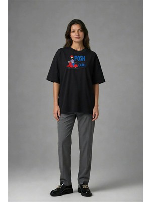 Posh Cabal F02122 Baskılı Oversize Siyah Kadın T-Shirt