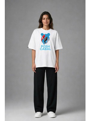 Posh Cabal F02057 Baskılı Oversize Beyaz Kadın T-Shirt