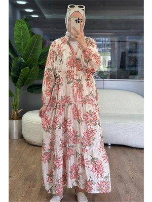Neşeli Butik Kadın Pembe Hakim Yaka Düğmeli Viskon Çiçek Desenli Tesettür Elbise NMS099