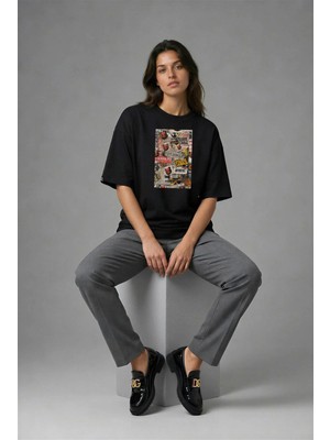 Posh Cabal F02055 Baskılı Oversize Siyah Kadın T-Shirt