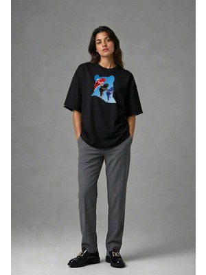 Posh Cabal F02056 Baskılı Oversize Siyah Kadın T-Shirt