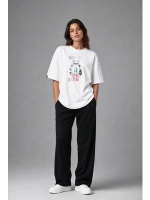 Posh Cabal F03041 Baskılı Oversize Beyaz Kadın T-Shirt