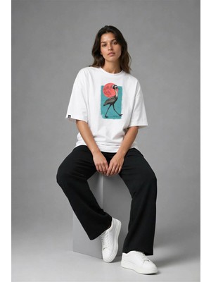 Posh Cabal F02125 Baskılı Oversize Beyaz Kadın T-Shirt