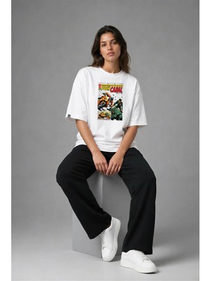 Posh Cabal F02130 Baskılı Oversize Beyaz Kadın T-Shirt
