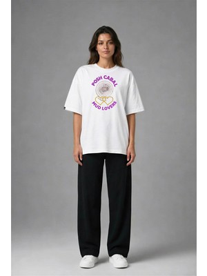 Posh Cabal F02092 Baskılı Oversize Beyaz Kadın T-Shirt