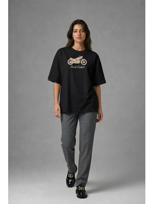Posh Cabal F02083 Baskılı Oversize Siyah Kadın T-Shirt