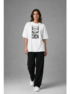 Posh Cabal F03008 Baskılı Oversize Beyaz Kadın T-Shirt
