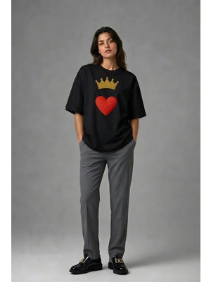 Posh Cabal F02111 Baskılı Oversize Siyah Kadın T-Shirt