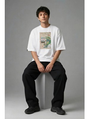 Posh Cabal F02105 Baskılı Oversize Beyaz Erkek T-Shirt