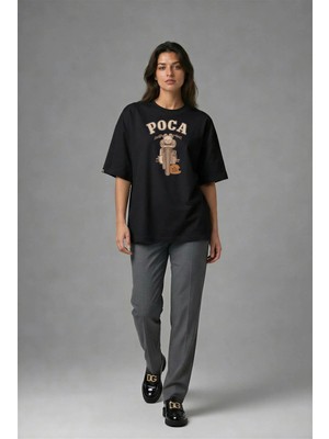 Posh Cabal F02078 Baskılı Oversize Siyah Kadın T-Shirt