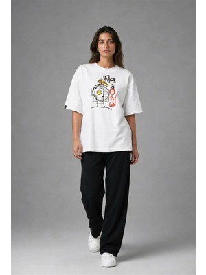 Posh Cabal F03028 Baskılı Oversize Beyaz Kadın T-Shirt