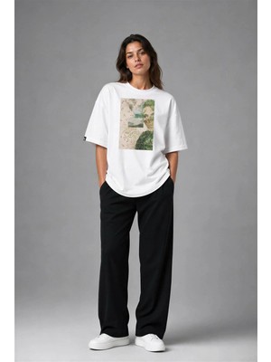 Posh Cabal F02101 Baskılı Oversize Beyaz Kadın T-Shirt