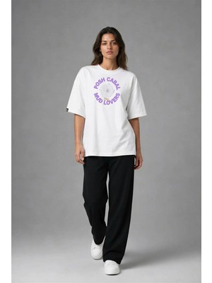 Posh Cabal F02093 Baskılı Oversize Beyaz Kadın T-Shirt