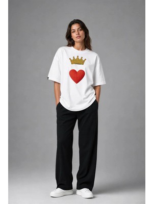 Posh Cabal F02111 Baskılı Oversize Beyaz Kadın T-Shirt