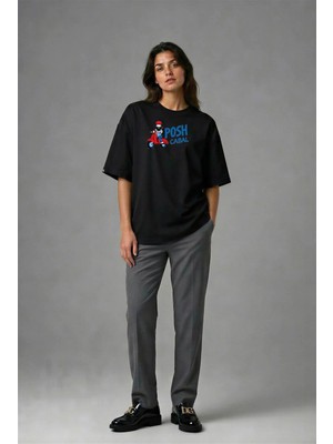 Posh Cabal F02119 Baskılı Oversize Siyah Kadın T-Shirt