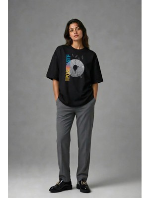 Posh Cabal F02066 Baskılı Oversize Siyah Kadın T-Shirt
