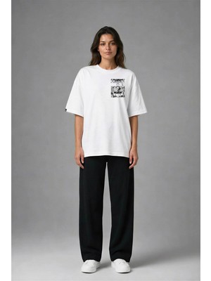 Posh Cabal G03007 Baskılı Oversize Beyaz Kadın T-Shirt