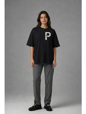 Posh Cabal G02117 Baskılı Oversize Siyah Kadın T-Shirt